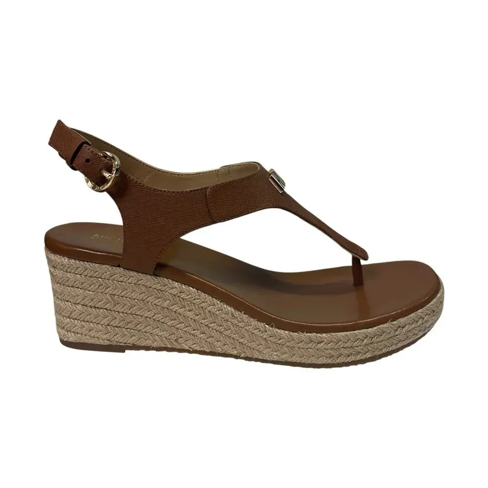 New Michael Kors Sandals Womens 7.5 Brown Leather T Strap Wedge Espadrille Beach